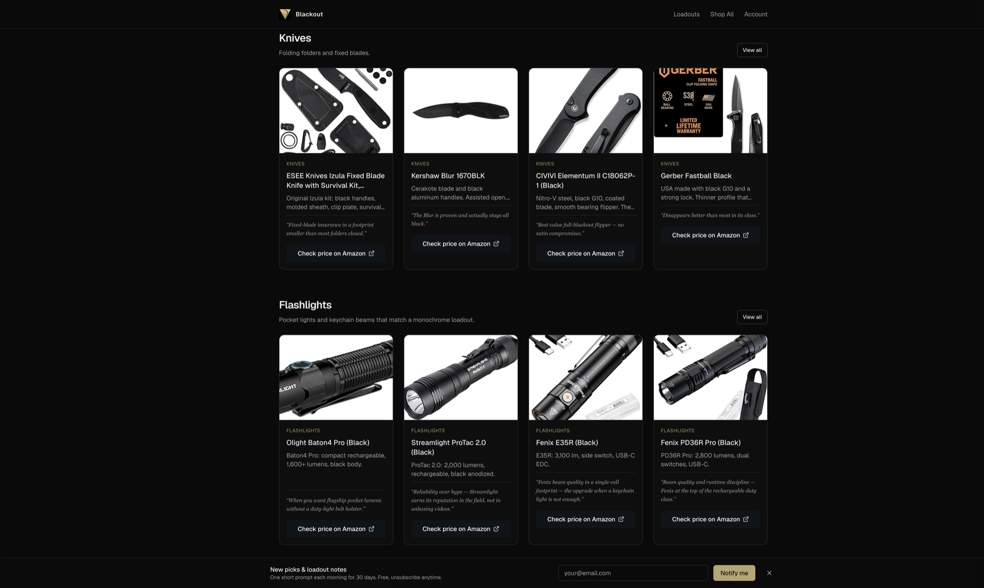 Blackout EDC category grids for knives and flashlights with review pull-quotes and tracked Amazon links