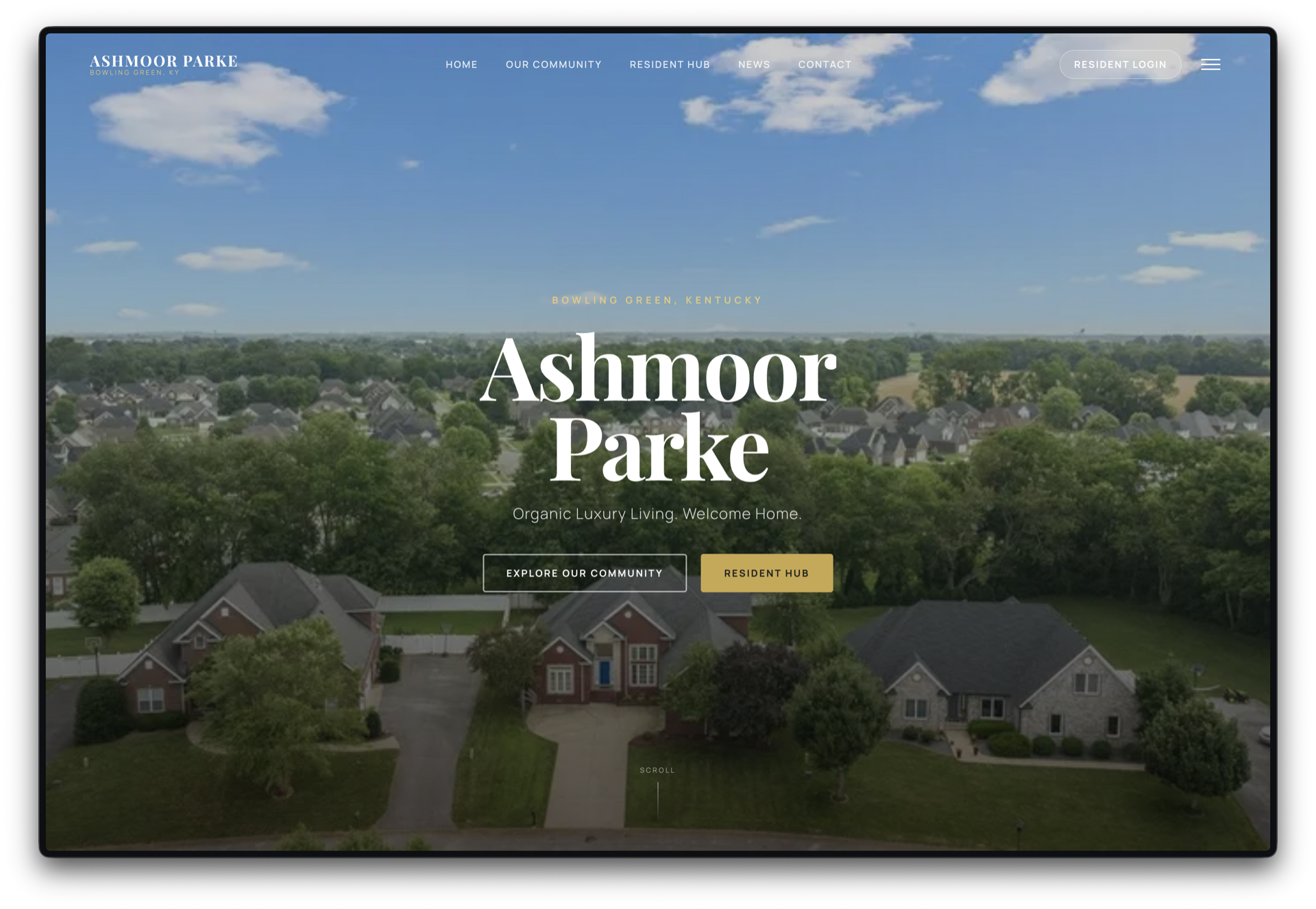 HOA Platform community site homepage with aerial neighborhood photography, seasonal storytelling, and resident login