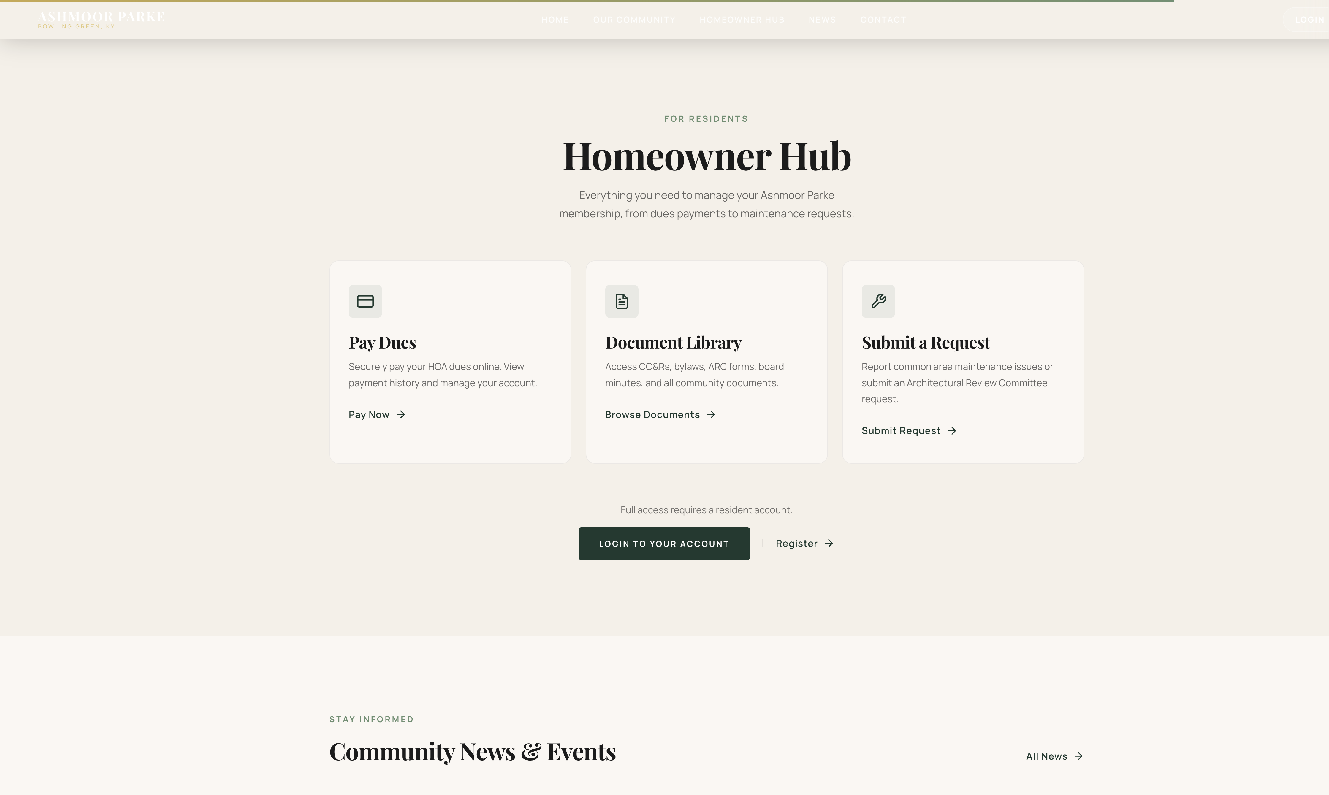 Homeowner Hub with Pay Dues, Document Library, and Submit a Request cards plus resident account login