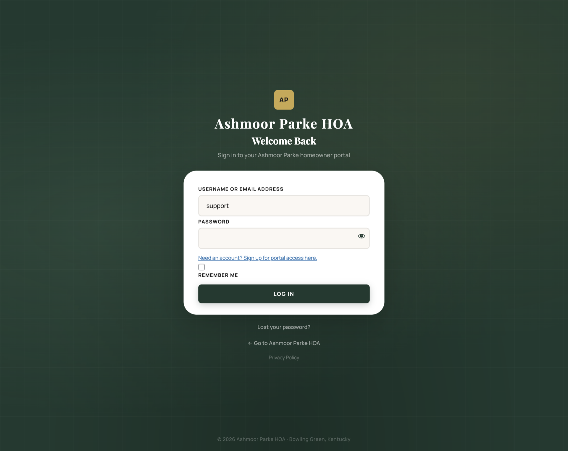 Branded homeowner portal sign-in screen with community identity