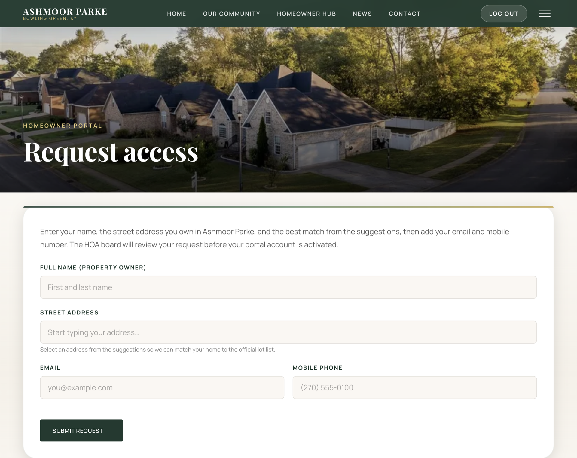 Homeowner portal request access form matching owners to the community's official lot list before board approval