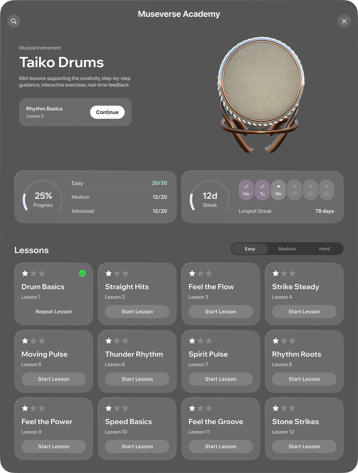 Museverse drum lesson interface in mixed reality