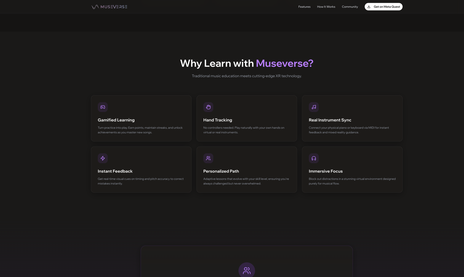 Museverse feature set: gamified learning, hand tracking, real instrument sync via MIDI, instant feedback, personalized path, immersive focus