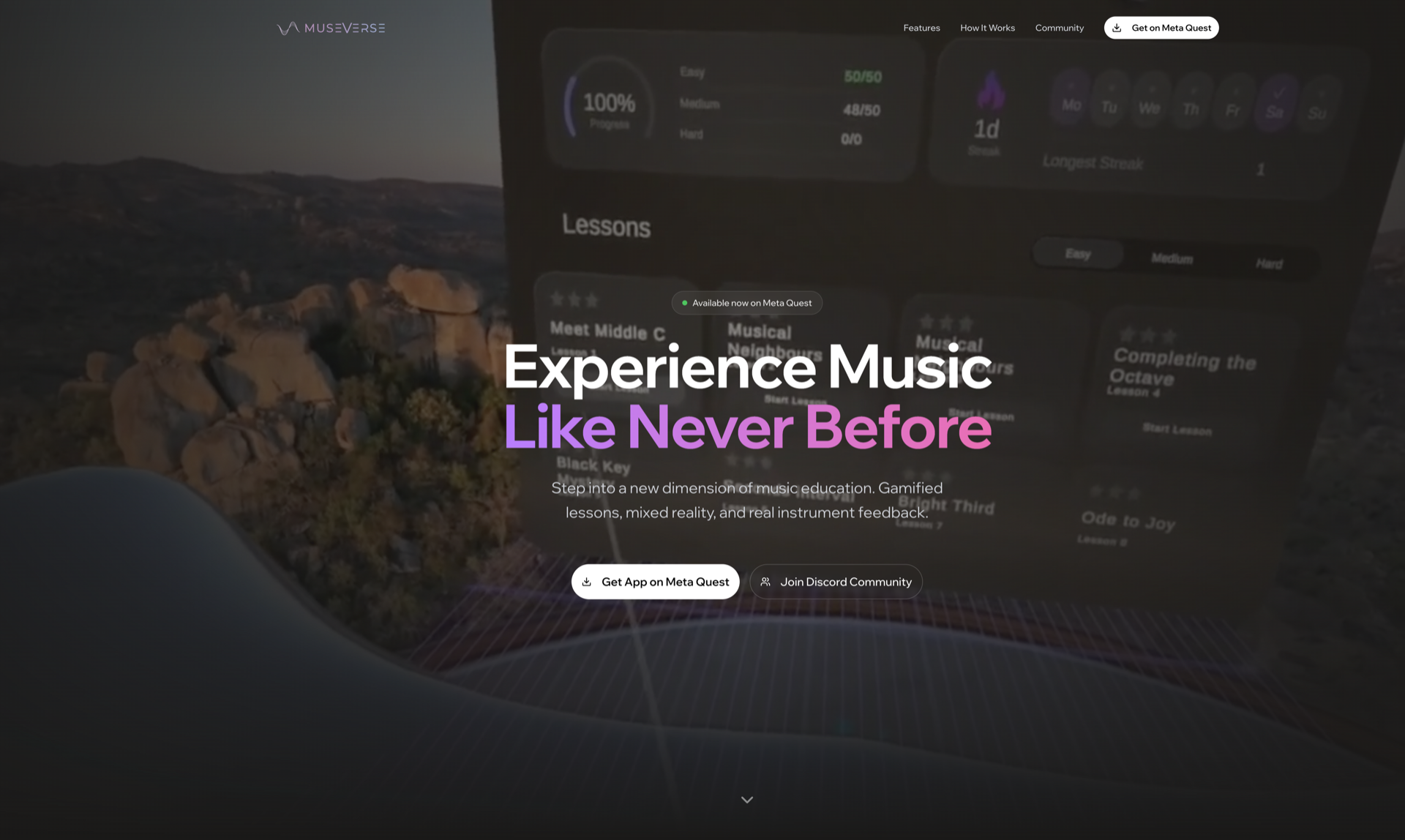 Museverse hero with the in-headset lessons dashboard: progress, streaks, and lesson catalog on Meta Quest