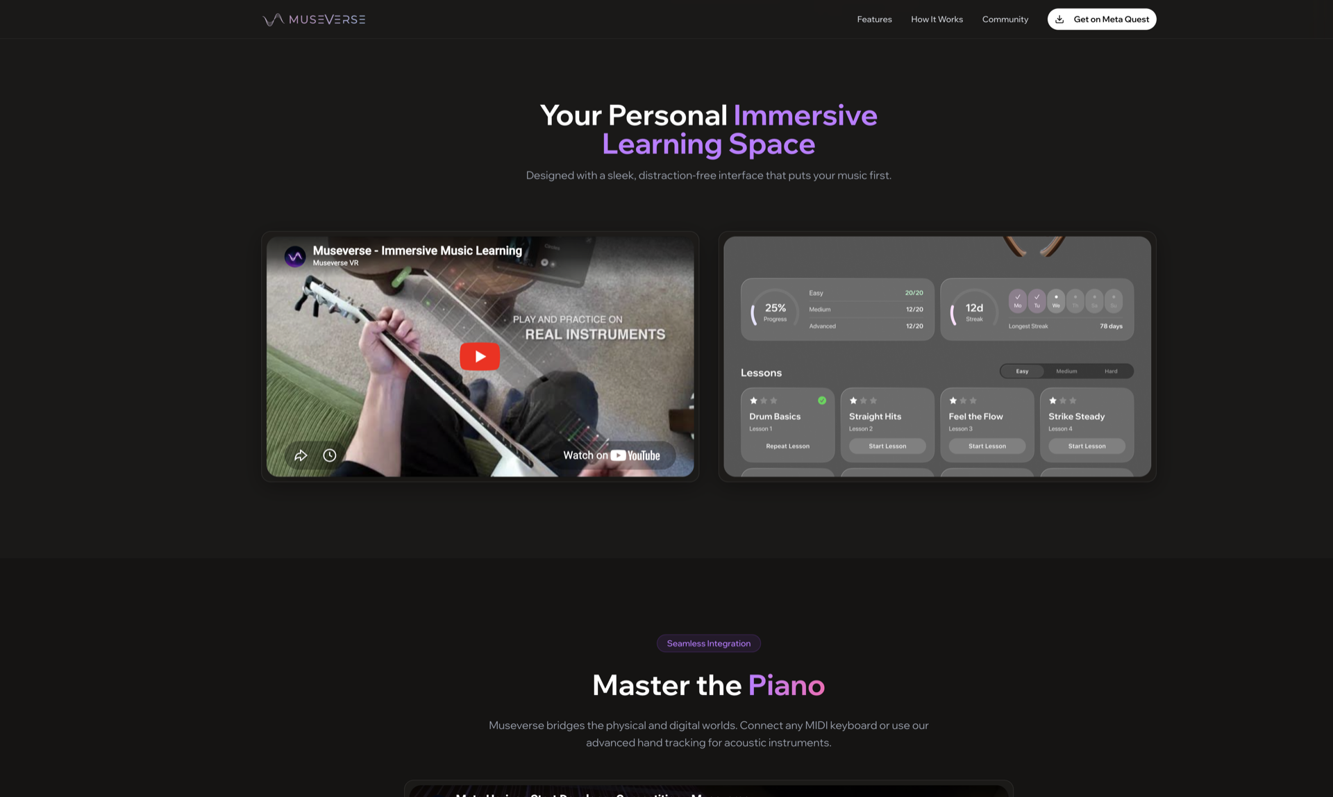 Museverse immersive learning space with lesson dashboard showing progress, daily streaks, and drum lessons