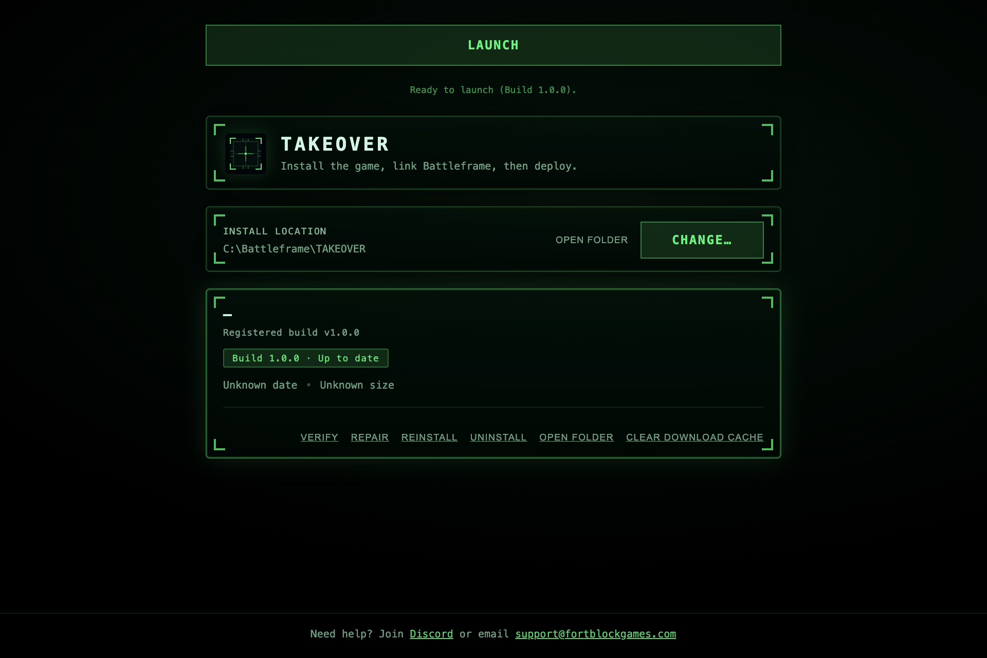 Battleframe OS native desktop launcher (PC): ready to launch TAKEOVER with install management, verify, repair, and update tooling
