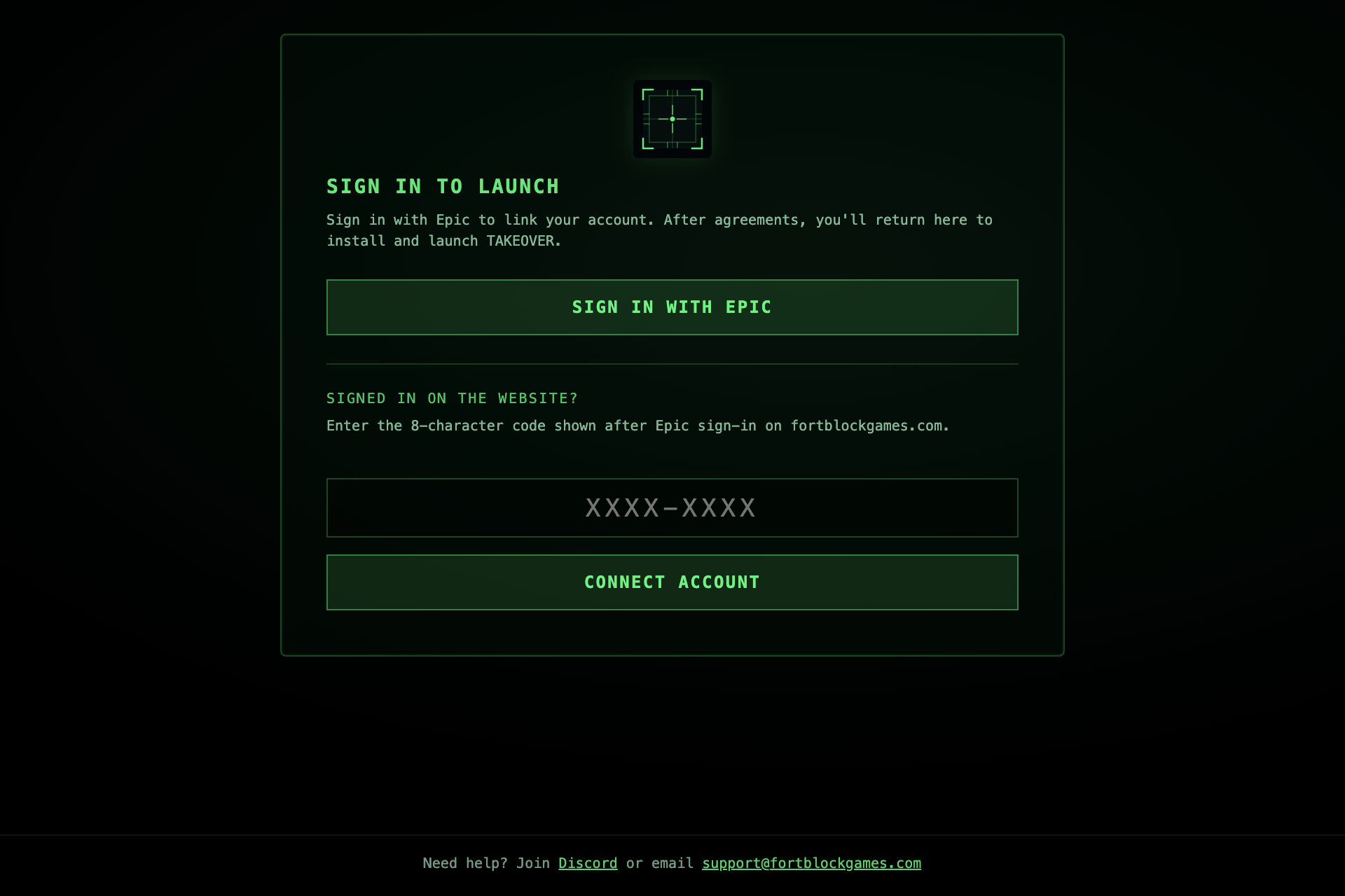Battleframe OS native launcher sign-in: Epic account linking with website pairing code flow