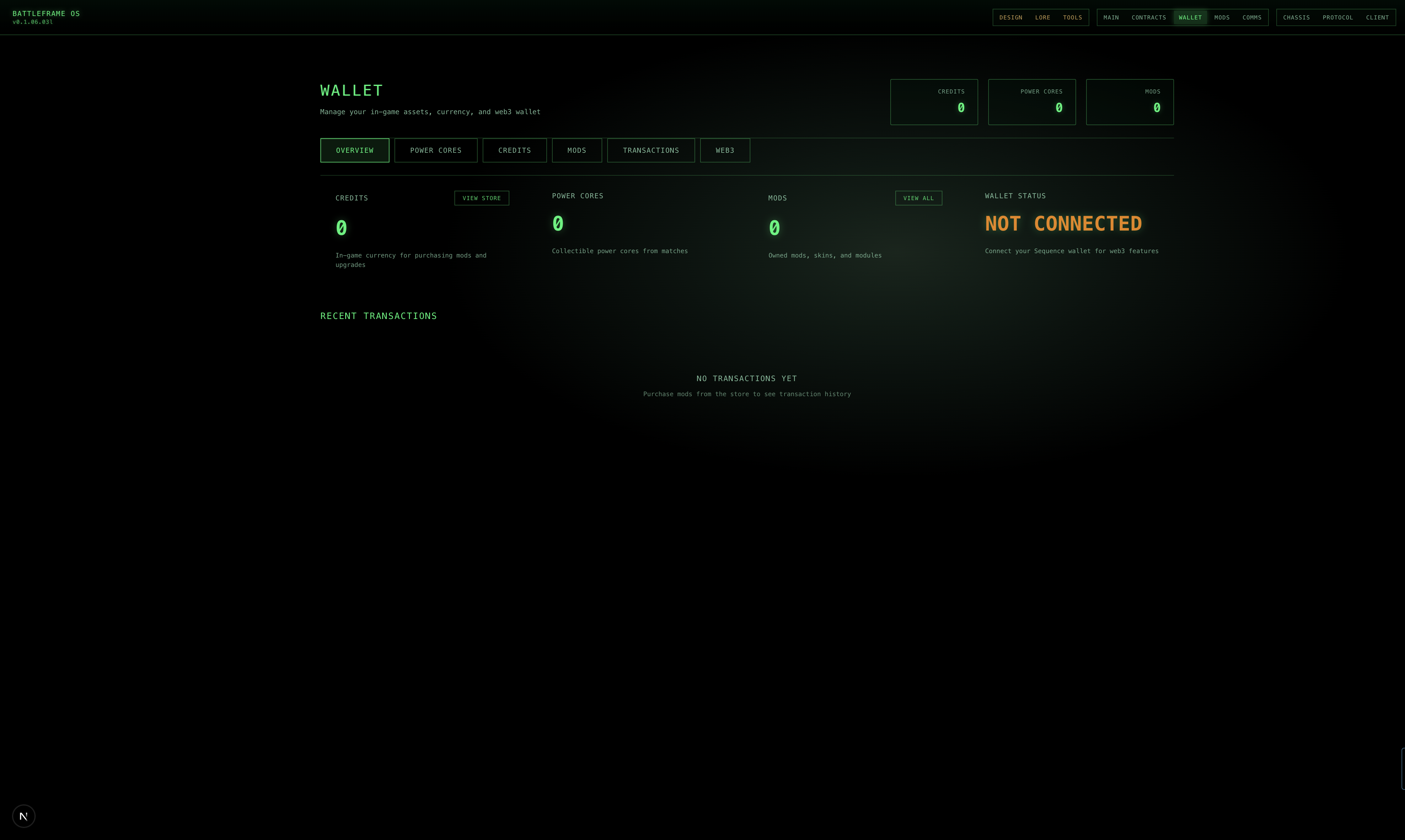 Battleframe OS wallet: in-game credits, power cores, mods, transactions, and web3 wallet status
