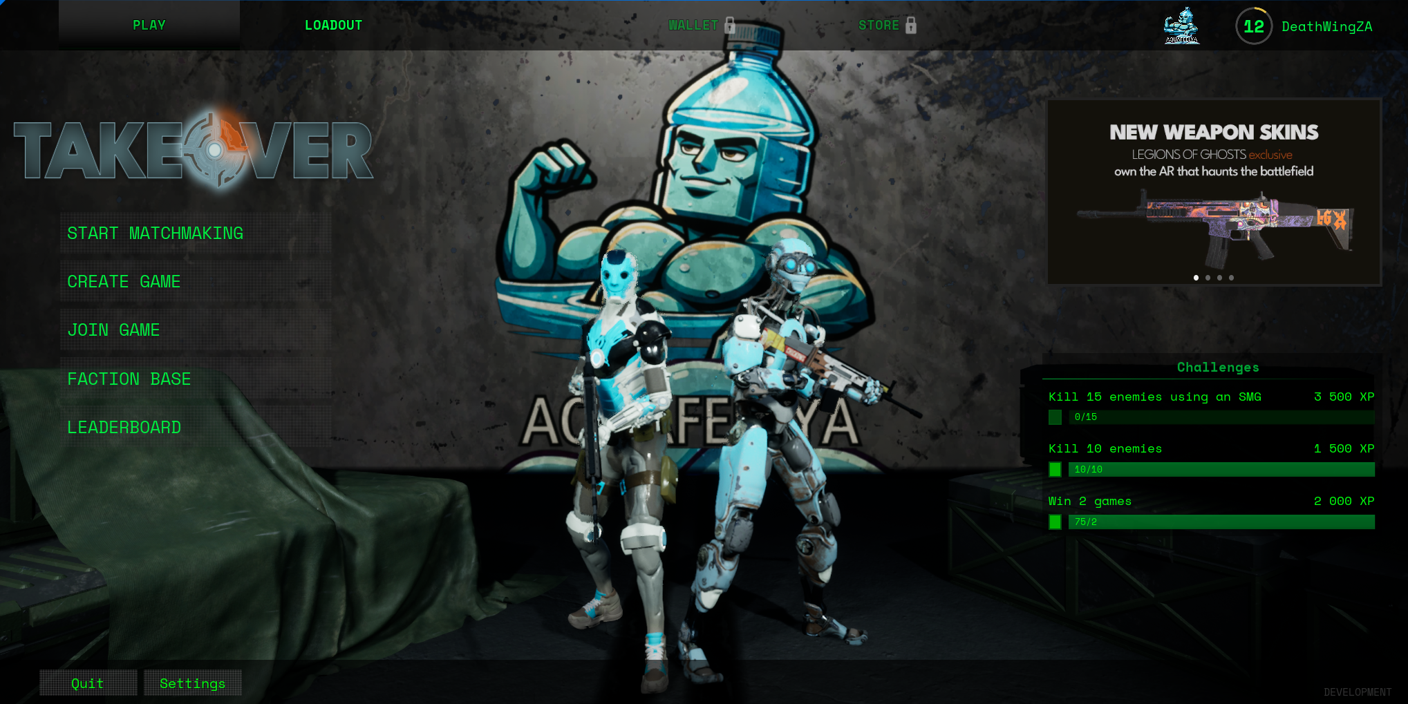 TAKEOVER in-game main menu built in Unreal Engine: matchmaking, faction characters, challenges, and weapon skin storefront