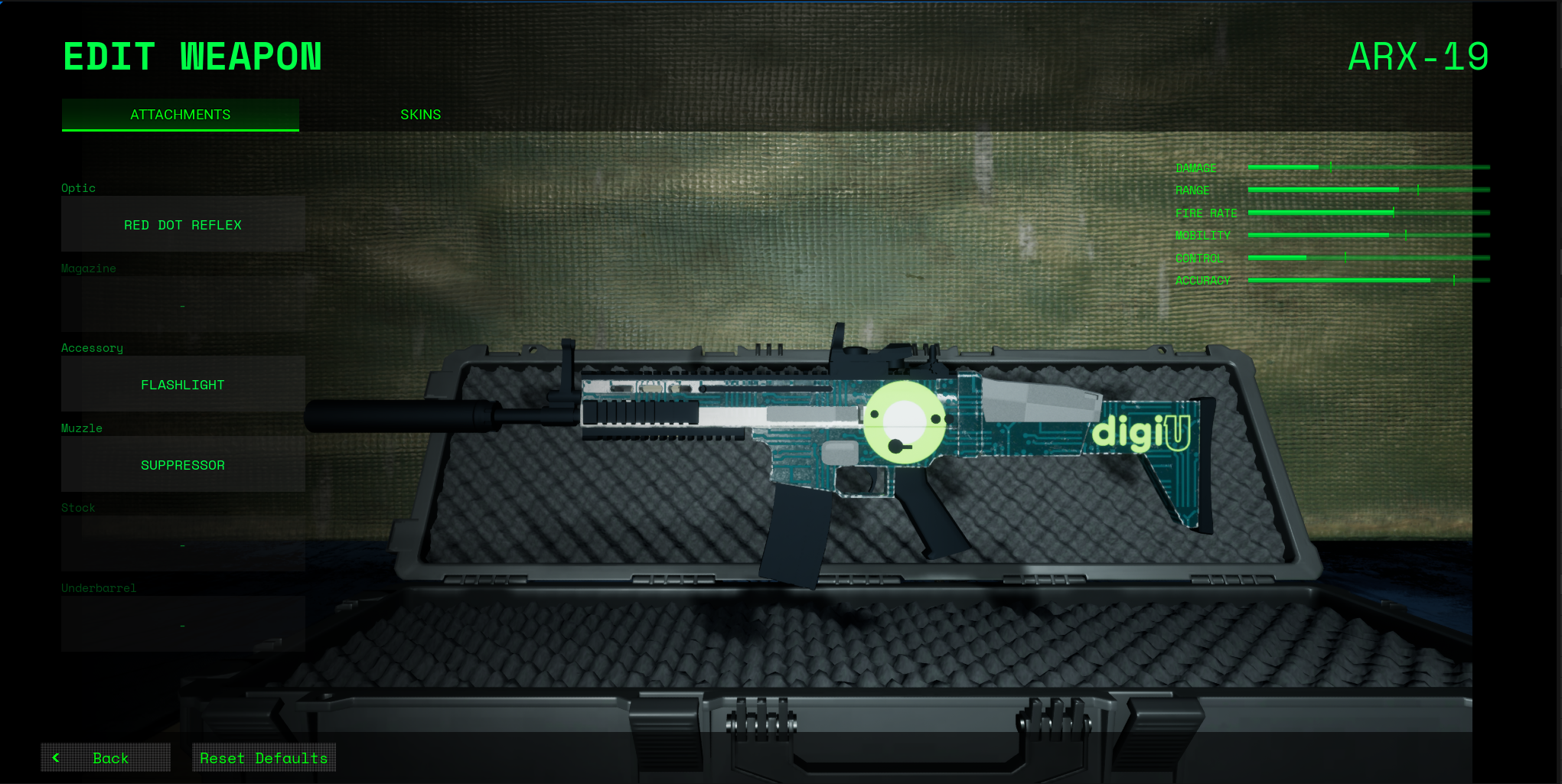 TAKEOVER weapon customization screen in Unreal Engine: attachments, skins, and live stat readouts on the ARX-19
